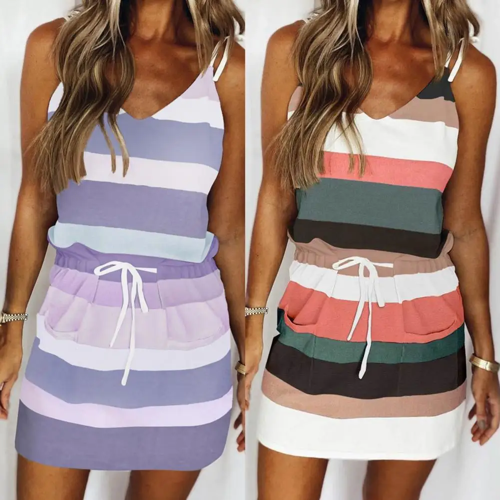 

Women Dress Summer Loose Strap Drawstring Waistband Sleeveless V Neck Striped Vest Dresses Fashion Casual Ladies Dress Vestidos