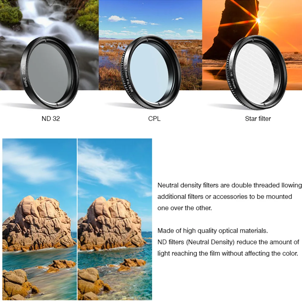 

7in1 Phone Graduated Lens Filter Kit 37mm Grad Red Blue Yellow Orange Filters+CPL ND Star Filters Compatible Smartphones Camera