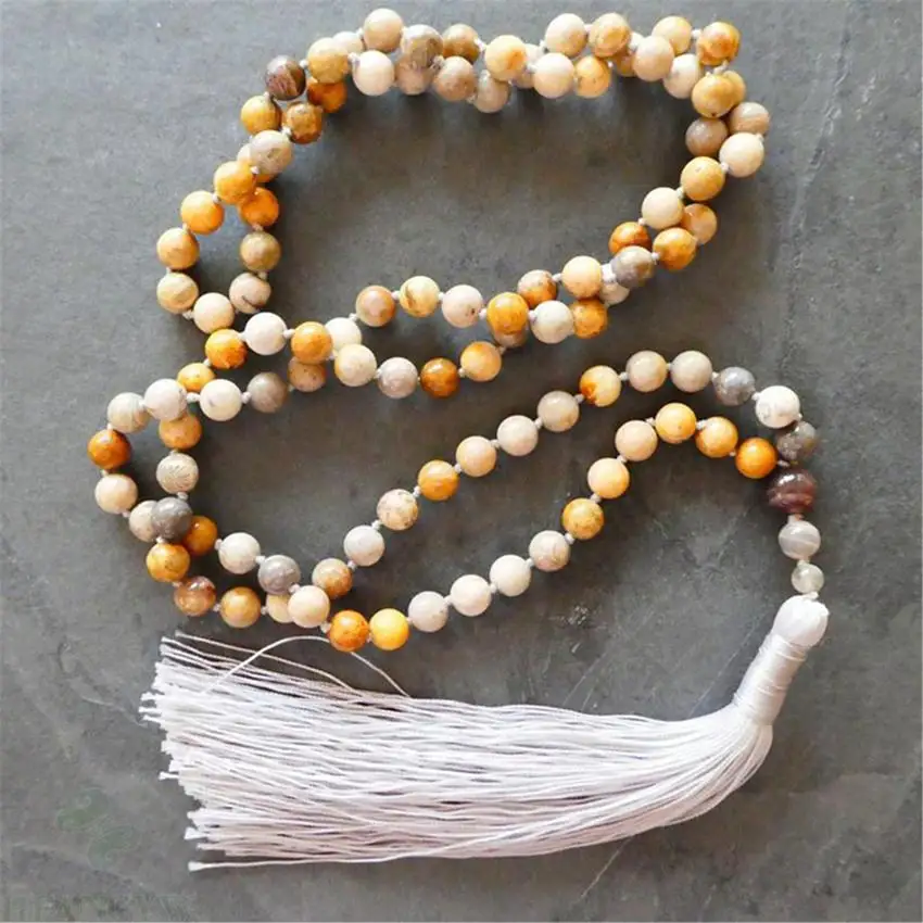 

8mm Fossil Coral 108 Beads Gemstone Tassel Mala Necklace Meditation Wristband Buddhism Blessing Prayer