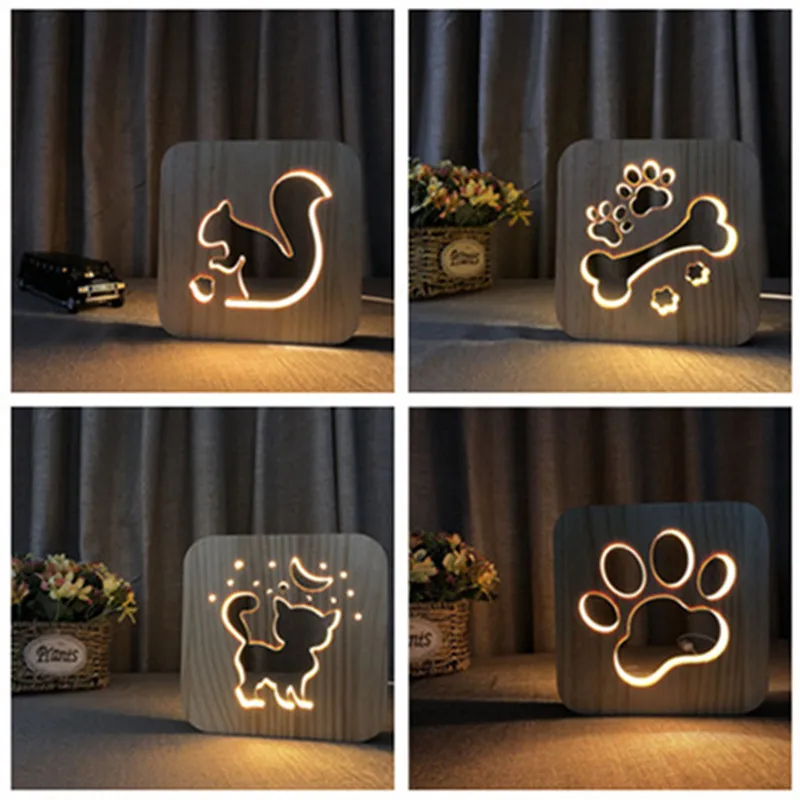 

USB LED Night Light Wooden Dog Cat Animal Lamp Kid bedroom Decoration wedding baby shower easter decor Child Gift party decor