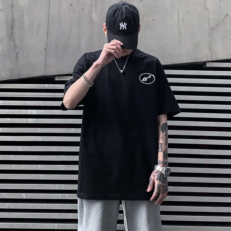 

Новинка лета 2021, Стильная молодежная хлопковая футболка с коротким рукавом, модная трендовая Свободная Повседневная футболка в стиле Хай-с...