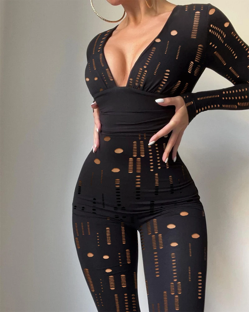 

Женский комбинезон с вырезами, черный облегающий комбинезон с глубоким V-образным вырезом и длинным рукавом, Повседневная Домашняя одежда, ...