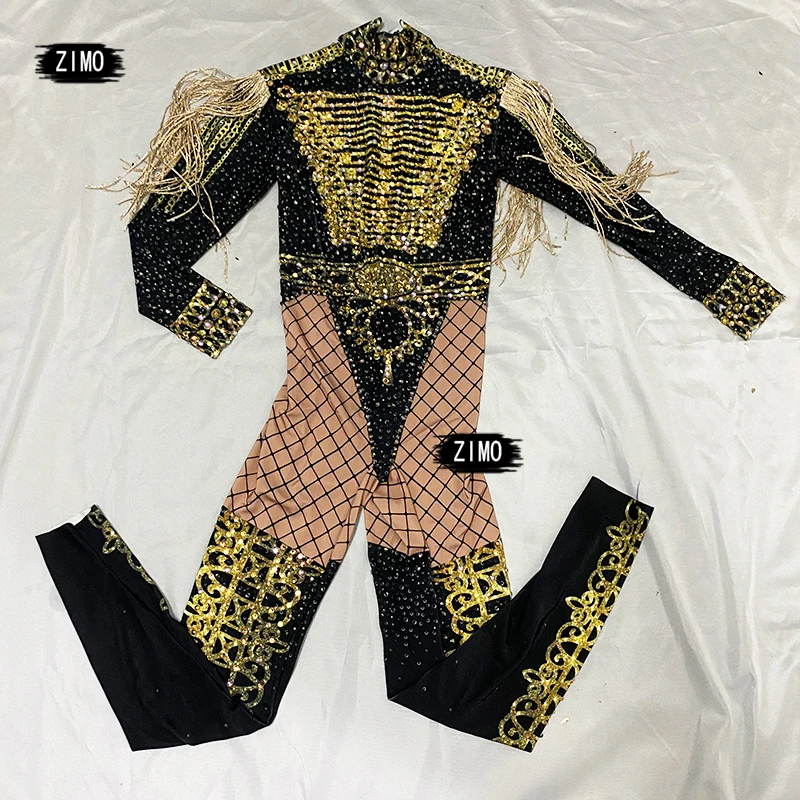 Gold Fringes Epaulet Rhinestones Jumpsuit Women Jazz Dance Stretch Bodysuit Outfit Evening Show One piece Sexy Costume club Wear