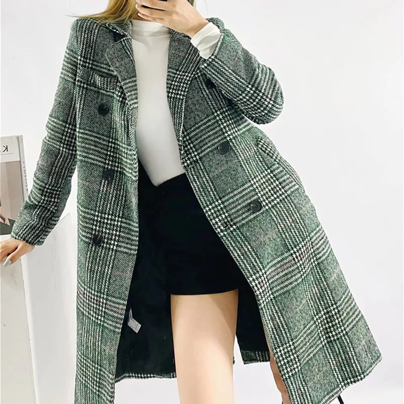 

ZXQJ женское зеленое клетчатое шерстяное пальто 2021 осенне-зимнее модное женское облегающее двубортное Женское пальто