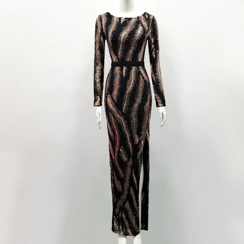 Женское вечернее платье с блестками длинное облегающее длинным рукавом и