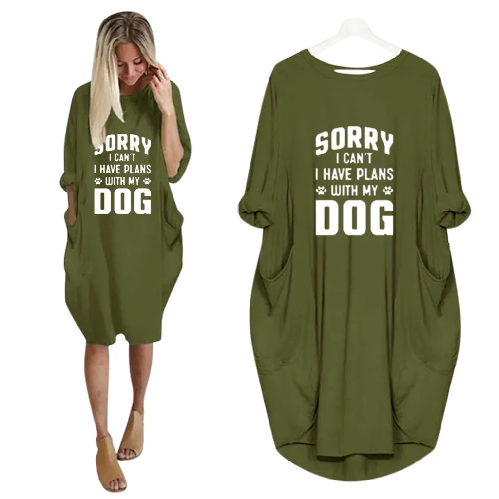 Army Green Женские толстовки платье негабаритных Мини платья осенние Харадзюку печати мешковатые с длинным рукавом Свободный пуловер с круглым вырезом джемпер карман Vestidos - Цвет: Army Green