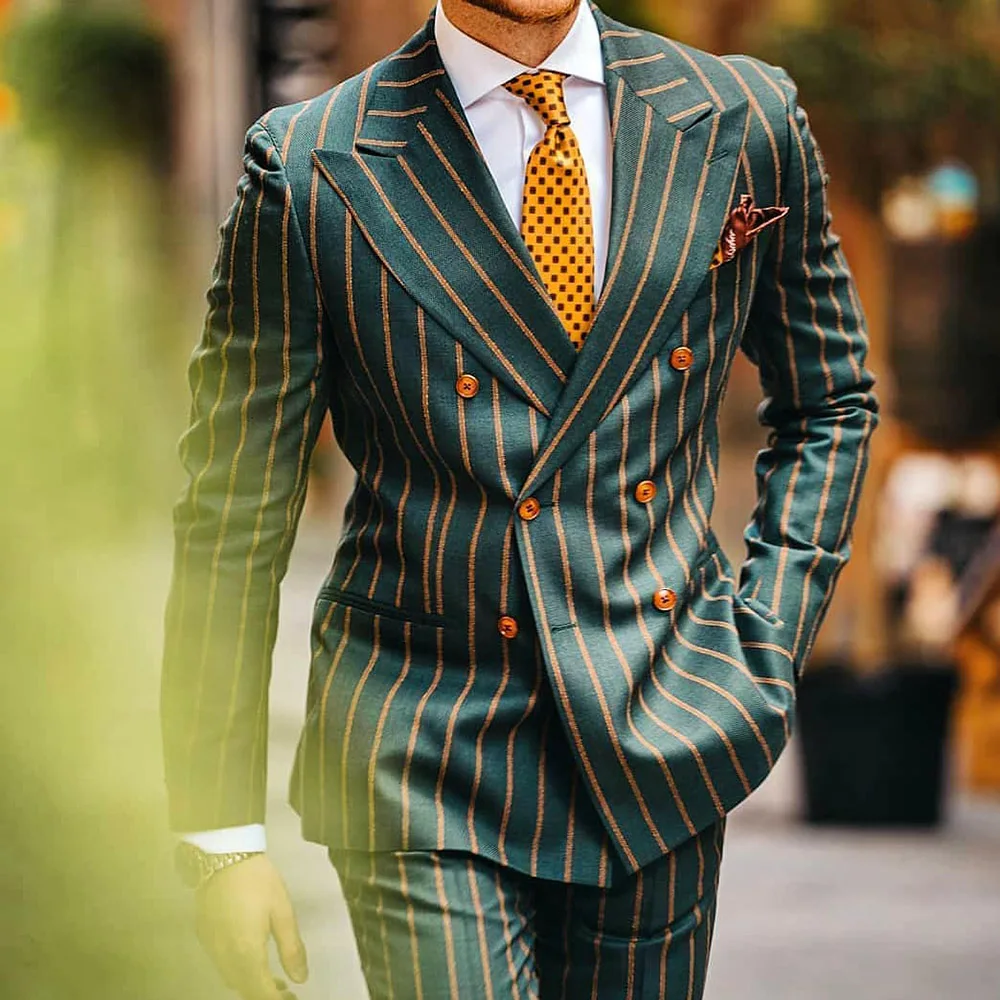 

Модный мужской повседневный деловой офисный Блейзер, куртка, модная зеленая полосатая двубортная Осенняя элегантная мужская Искусственна...
