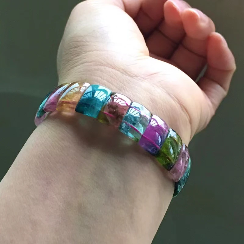 

Natural Colorful Tourmaline Watermelon Quartz Bracelet Clear Rectangle Beads 14/8mm Women Men Crystal Stretch Bangle AAAAA
