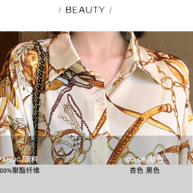 Satin Chain Printed Cardigan Long Blouses 2020 Autumn women chiffon Blouse Long sleeve Loose Tops Shirts Blusas Mujer Black Top images - 6