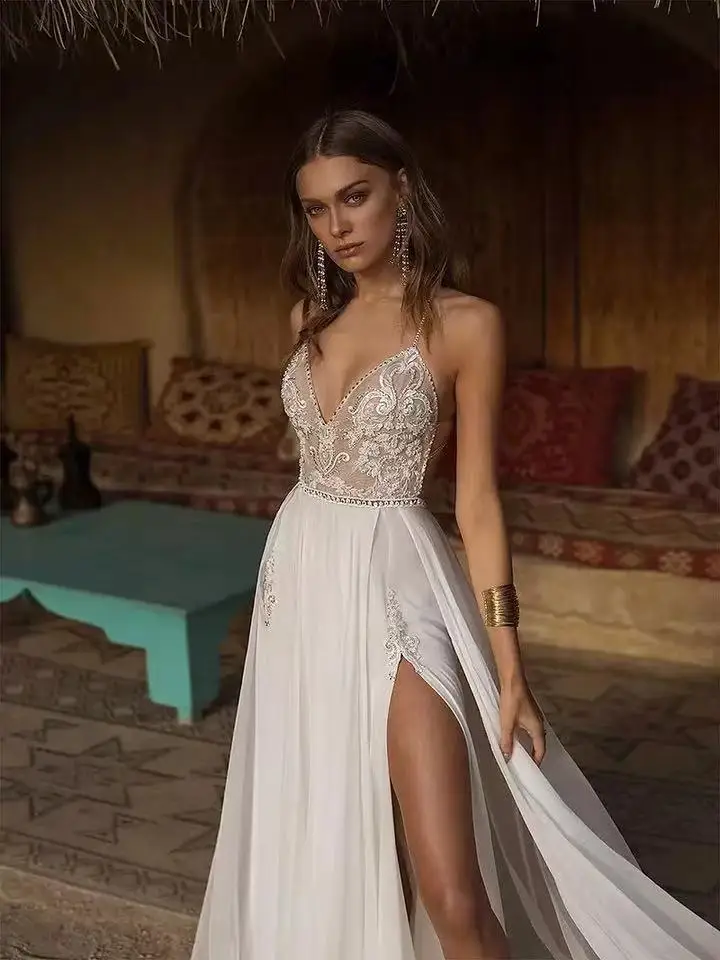 

Simple Boho Wedding Dress Sexy Side Slit Beach Wedding Dress V-Neck Bride Dress Spaghetti Straps Weeding Gowns Vestido De Noiva