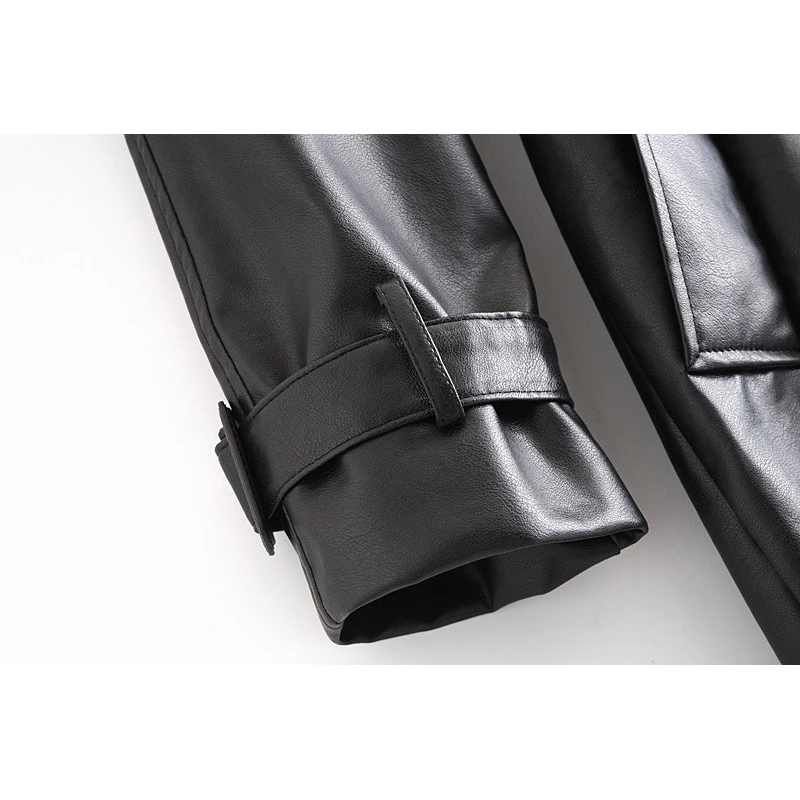 

YOSIBCD Women Fashion With Belt Double Breasted Faux Leather Trench Coat Vintage Long Sleeve Female Outerwear Chic Overcoat