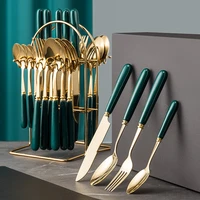 24Pcs Ceramic handle Stainless Steel Golden Cutlery Set Knife Fork Coffee Spoon Dinner Knife Dinnerware Tableware Dinner Set