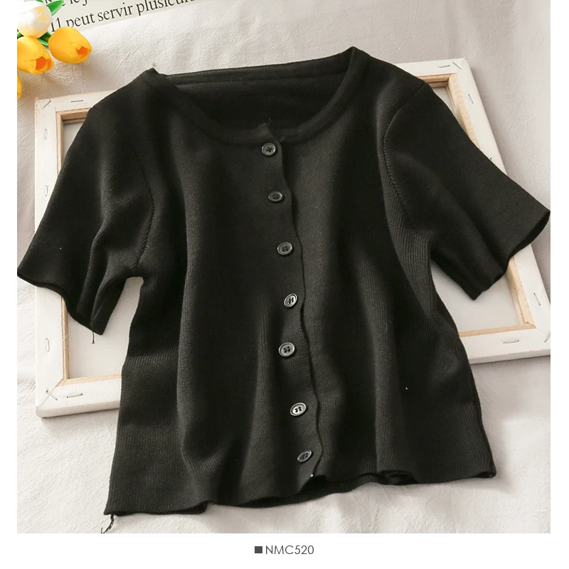 

Women Fashion Slim Bodycon Short Sleeves Button Knitted Blouse Lady Sweet Casual Outdoor Top Girls Elegant Daily Basic Shirt