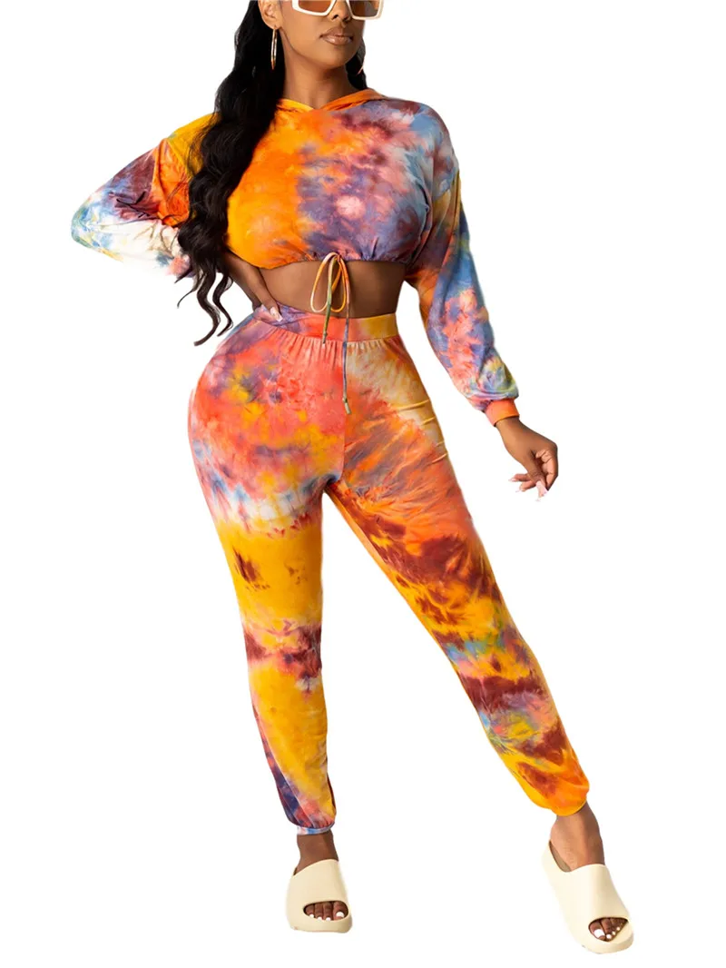 

Imcute Women 2 Pieces Set Tracksuits Long Sleeve Hooded Sweatshirts Trousers Tie Dyeing Print Tight Sports Outfits 2020 New