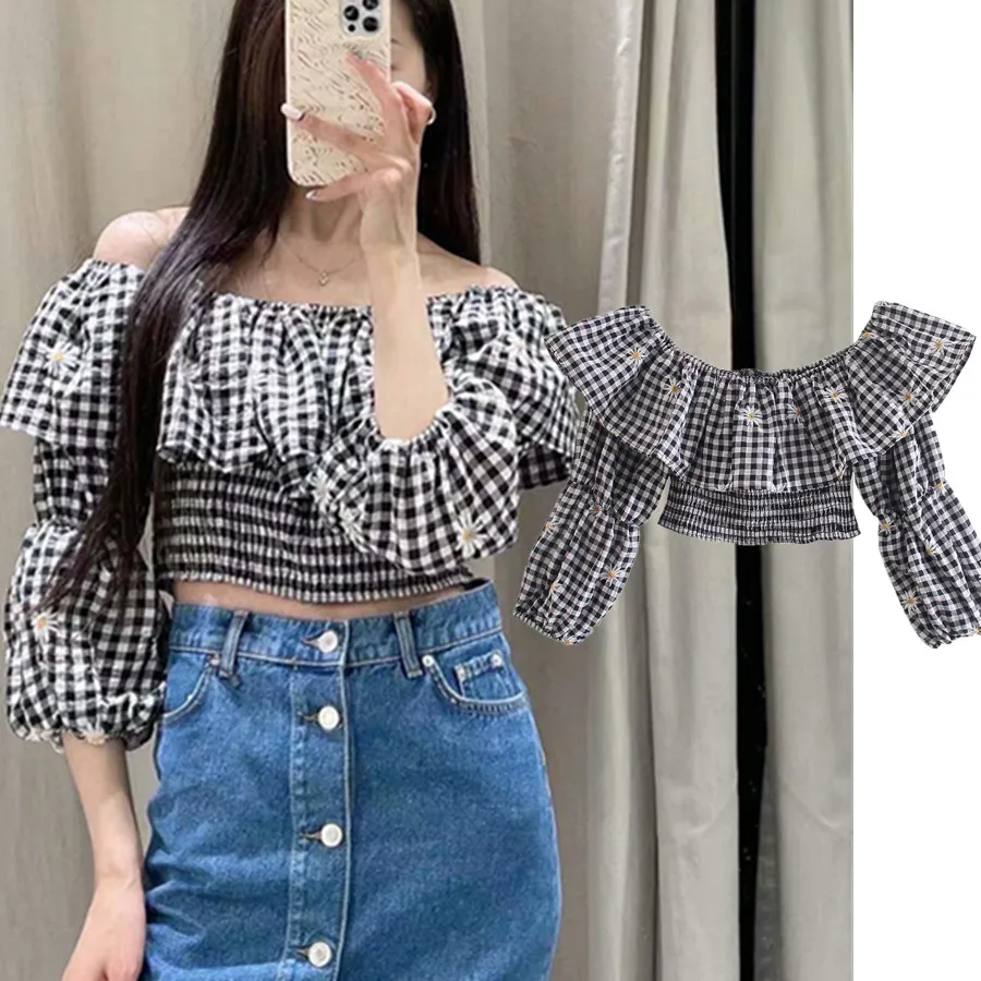 

Jenny&Dave Shirt Women Summer Blouse Women Ins Blogger High Street Embroidery Flower Slash Neck Short Blusas Mujer De Moda 2020