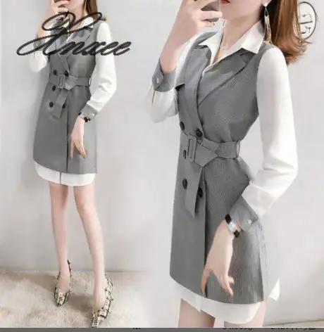 

Женский костюм из двух предметов, осенне-зимнее платье-рубашка с юбкой и жилетом, 2020