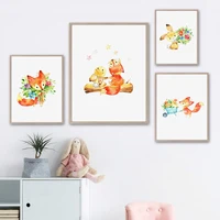 fox rabbit buddy fun flower star animal wall art canvas painting nordic posters and prints wall pictures kids nursery room decor