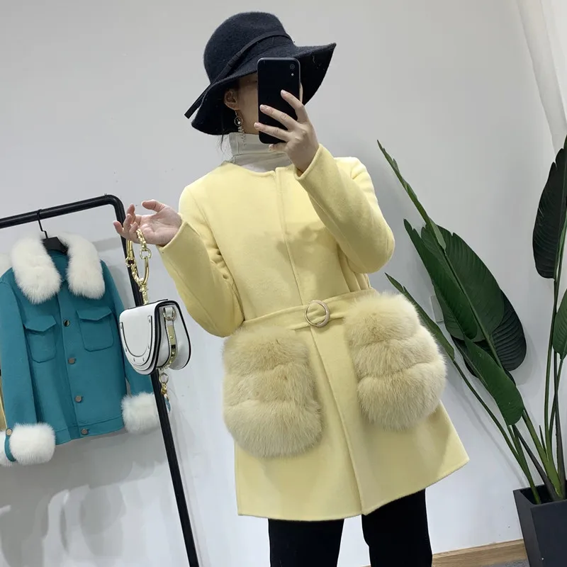 

100% Wool Coat Female Fox Fur Pocket Double Sided Cashmere Outwear High Quality Korean Fashion Waistband Round Neck Winter Coat