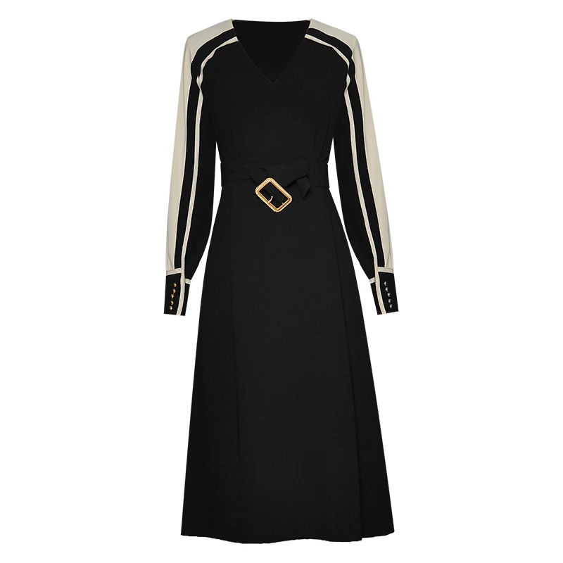 

runway business dress for women office high quality new fall 2020 classy V-neck long-sleeve patchwork formal dresses for work