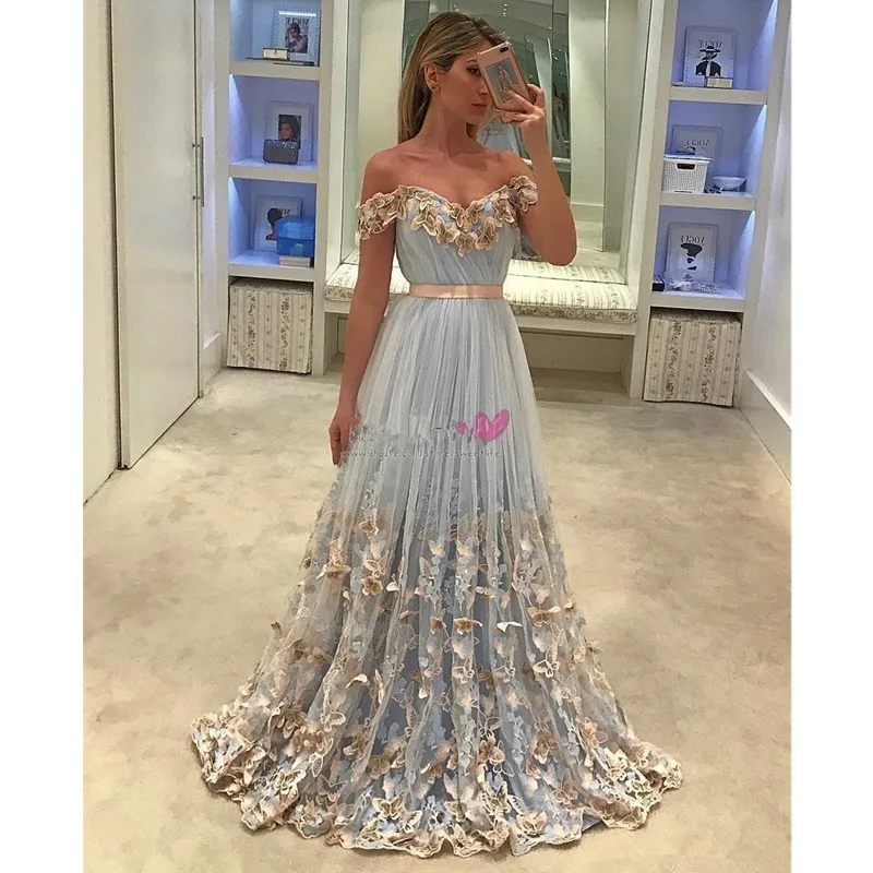 

Light Blue Prom Dress Long Elegant Tulle Gala Jurken Butterfly A Line Off the Shoulder Party Gowns for Womens especial novedades