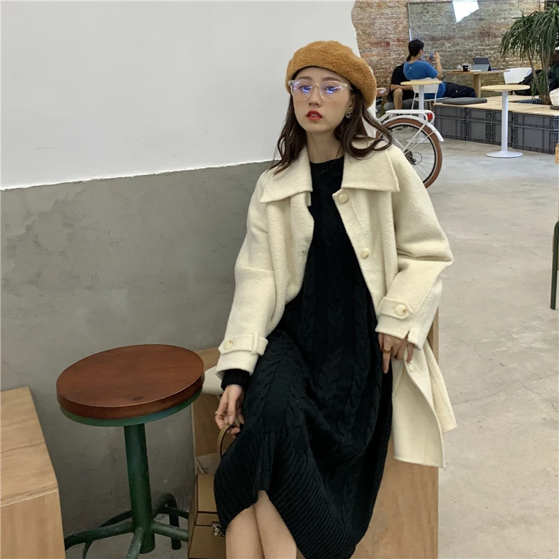 

Make firm offers new winter long twist of knee-high round collar set of head A word wool dress female knitted dress