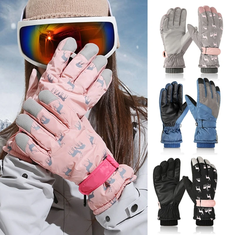 

Women Men Winter Waterproof Snow Ski Gloves Cartoon Deer Print Thermal Plush Lined Adjustable Outdoor Snowboard Mittens