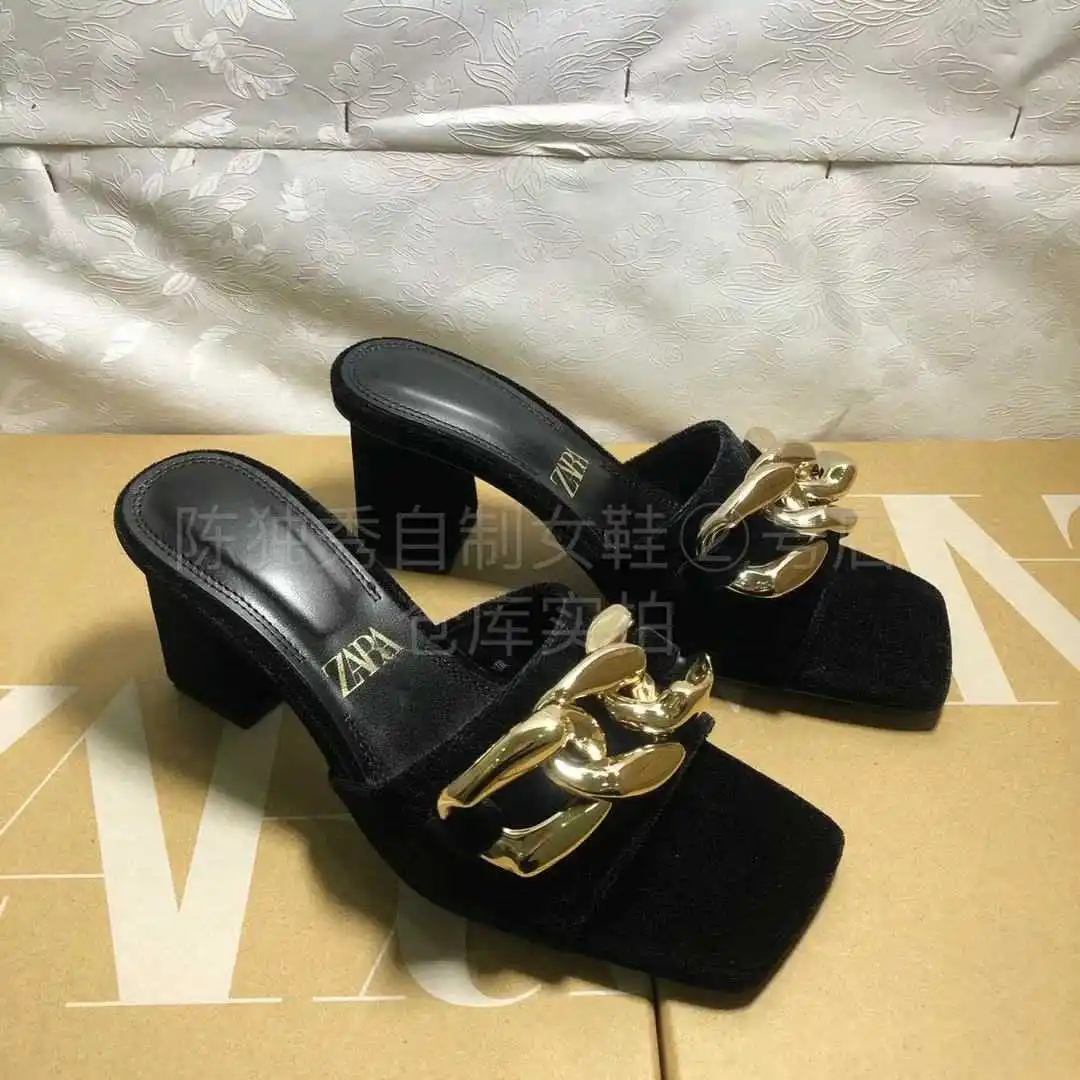 

Za chain high-heeled shoes 20 new square head metal leather one word open toe back hollow high-heeled sandals