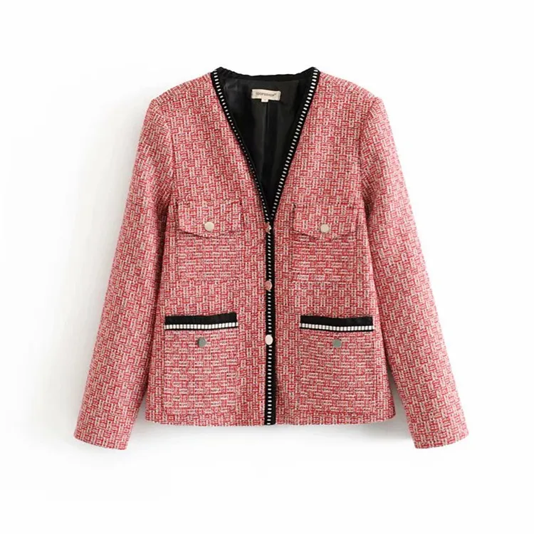 

2020 Spring Autumn Plaid Tweed Women Coats V-Neck Long Sleeve Office Lady Slim Knitted Jacket Basic Coat Female Outerwear