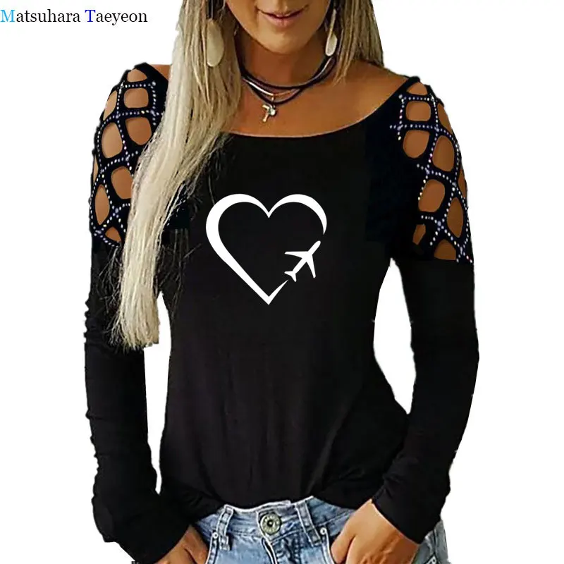 

Heart Airliner Print Shirts for Women Cute Harajuku T-shirt Sexy Hollowing Out T Shirts Women Long Sleeve Size 5xl Shirt Tee