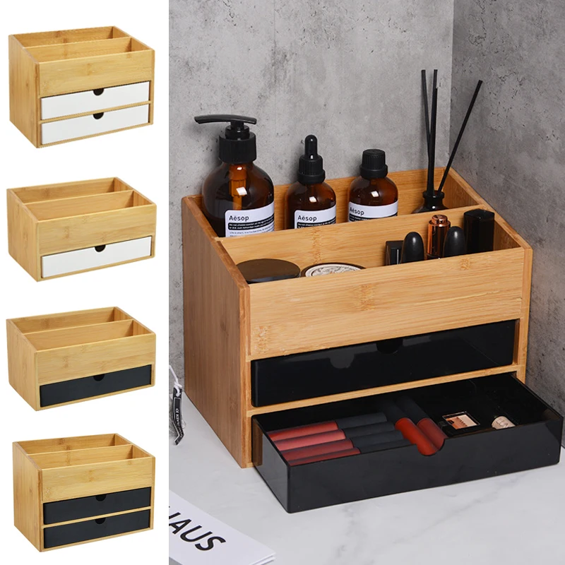 Bamboo Cosmetic Drawer Storage Box Desktop Makeup Organizer Dressing Table Jewelry Skin Care Rack