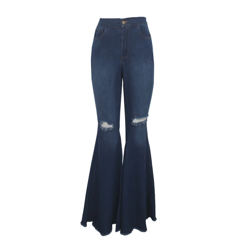 Blue Flare Jeans Stretch Wide High Waist Women Fashion Denim Pants Leg Hole Trousers Lady Casual Bell-Bottoms | Женская одежда