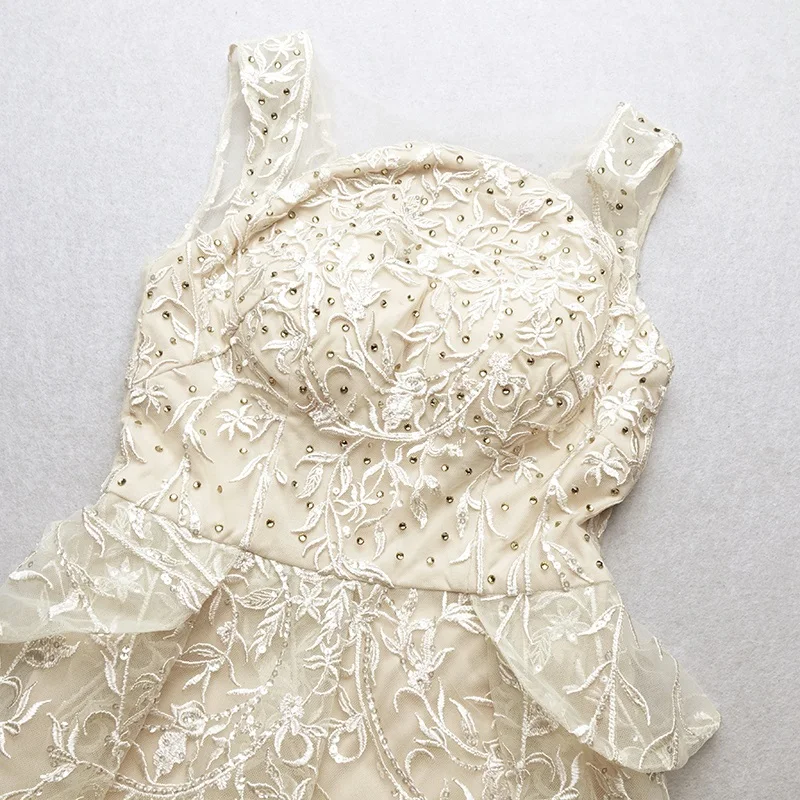 

VC All Free Shipping New Chic Embroidery Beads Embellished Mesh Splicing Sleeveless Celebrity Party Long Mesh Dress