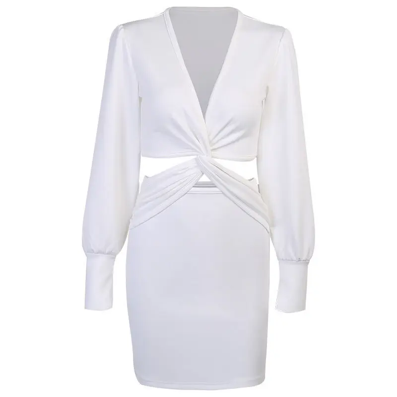 

Women In The Spring And Autumn V-neck Bubble Sleeve Dress New Popular Kink X-shaped Wispy Skirt