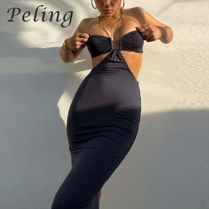 

Peling 2021 Autumn Women Sexy White Dress Hollow Out Backless Midi Dress Sleeveless Night Club Vestidos Female Bodycon Robe