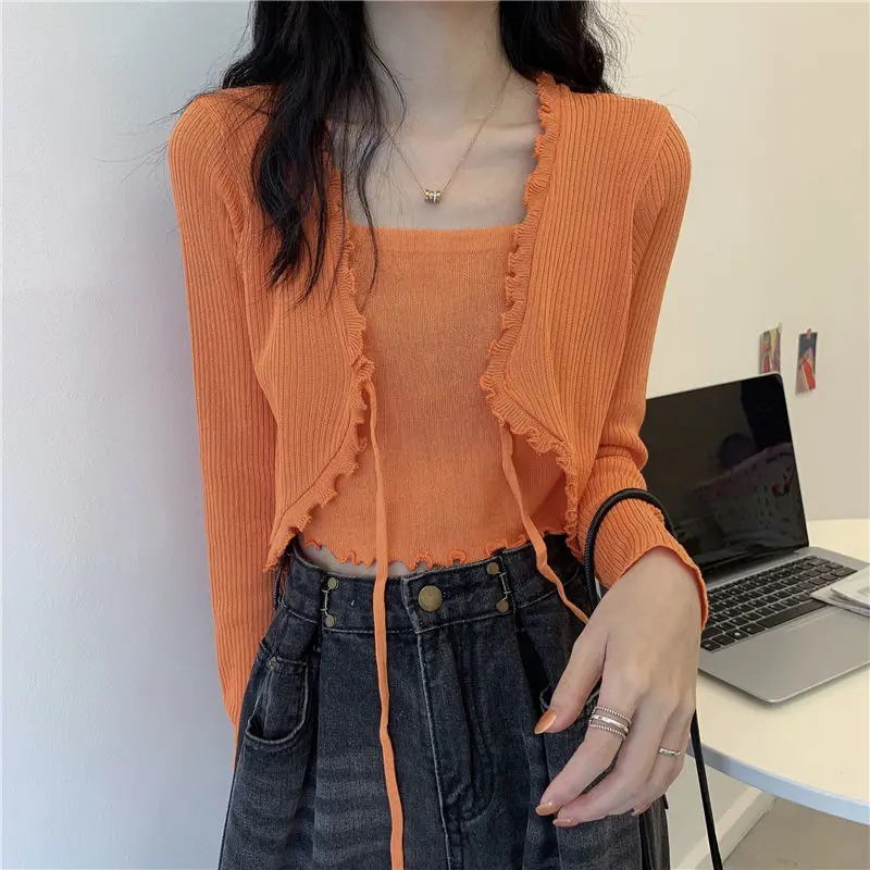 

Woman Sweaters Cardigan Autumn Knitted Stringy Selvedge Lace-up Braces Long Sleeve T-shirt Short Top Sueters De Mujer
