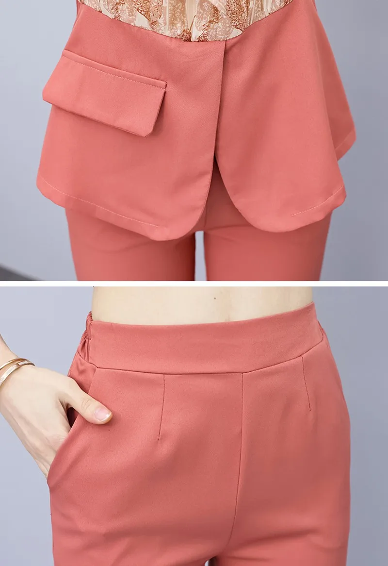 

2021 summer fashion temperament Women 2 piece Sets Office OL Elegant Print short Sleeve shirt Top + Solid Long Pants Suits