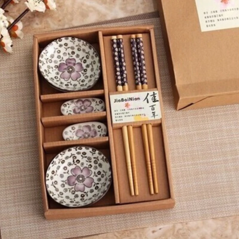 Chopsticks Dish Set Bamboo Gift Box Ceramic Chinese Flower Pattern Kitchen Supplies Tableware |