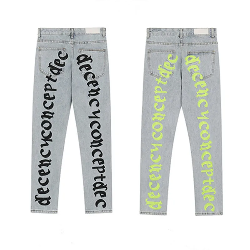 2021 New Arrival Fluorescent Letter Print Cotton Men Hip Hop Jeans Trousers Korean Casual Straight Vintage Denim Pants Pantalon