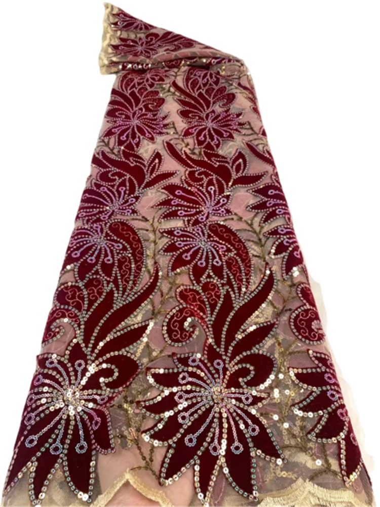 

2021 Velvet Sequins Net Lace High Quality Wine Red Sequence Latest Embroidery French Mesh Tulle Fabric Party FZ59