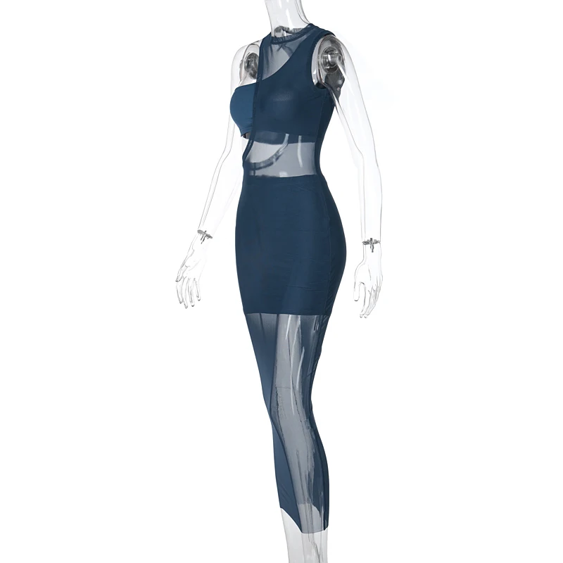 

A&BHelenss 2021 Summer Women Fashion Streetwear Outfits Club Wear Sleeveless Mesh Patchwork Dress 3 Pieces