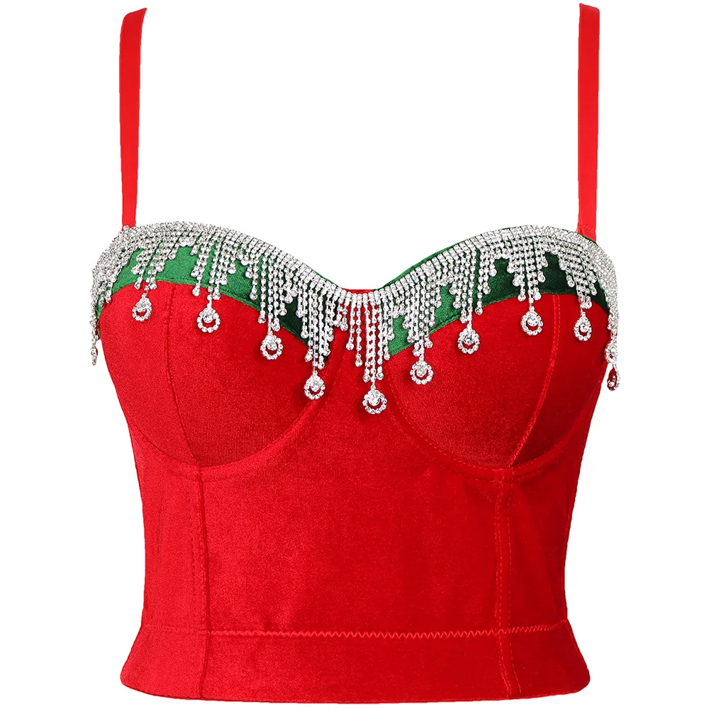 

Women Red Diamond Inlay Corset Christmas Cosplay Costume Bustier Underwired Bra Crop Top Decor Tank Cropped Vest Tops
