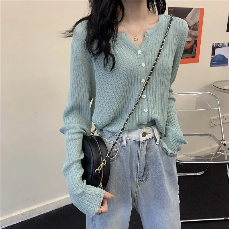 

Women Solid Casual V Neck Knitted Sweater Cardigan Fashion Korean Elegant Single Breasted Long Sleeve Thin Knit Cardigans