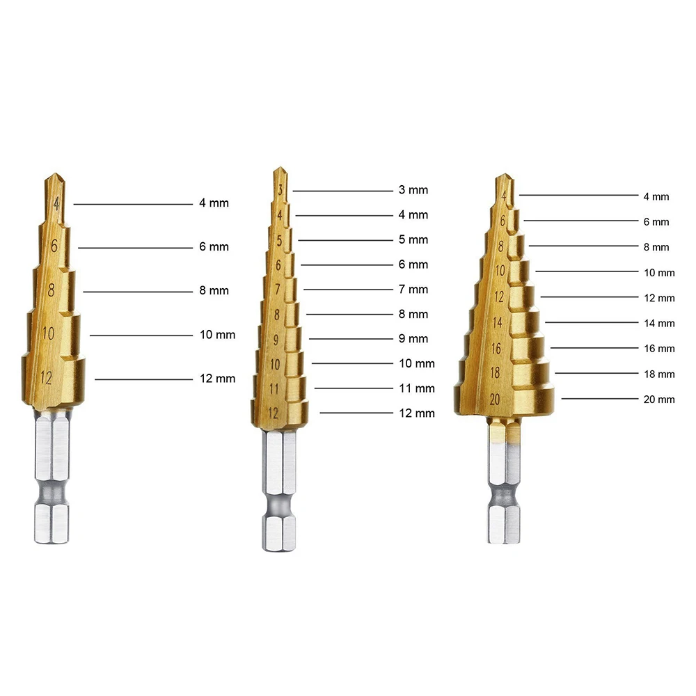 

4PCS 3-12 4-12 4-20 HSS Titanium Coated Step Drill Bit Drilling Power Tools Metal High Speed Steel Wood Hole Cutter Cone Drill