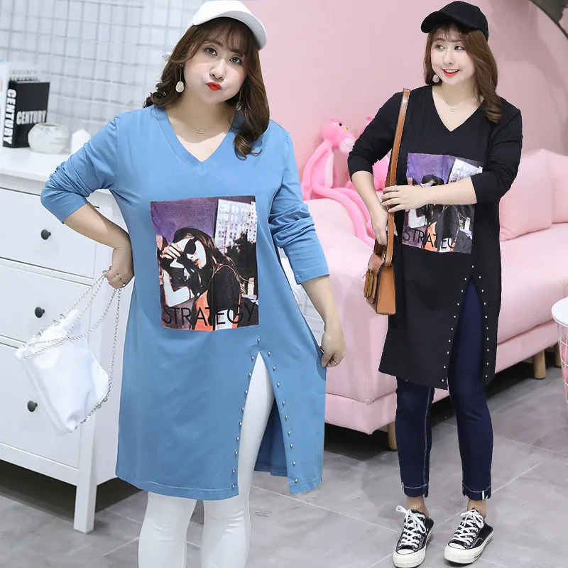 Осень 2019 Мода Плюс Размер Женская одежда средней длины хип хоп стиль Сплит