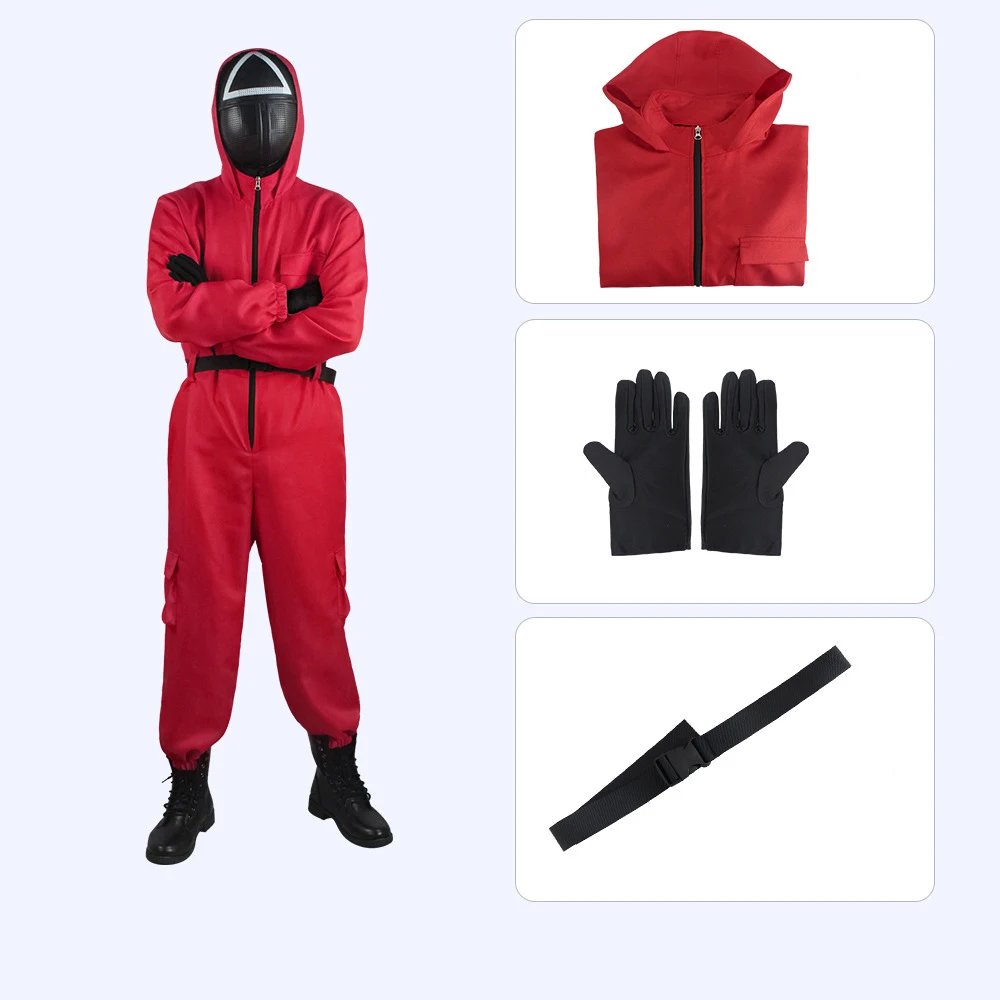 

Sets Squid Game Costume Men Cosplay Jumpsuit Square Circle Triangle Plastic Helmet Masks Halloween Party Costumes Kids Women