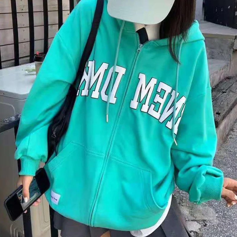 

Letter Printing Pocket Drawcord Zip Up Hoodie Long Sleeve Women Hoodies Oversized Shirt Autumn Streetwear Sweatshirt Fashion New