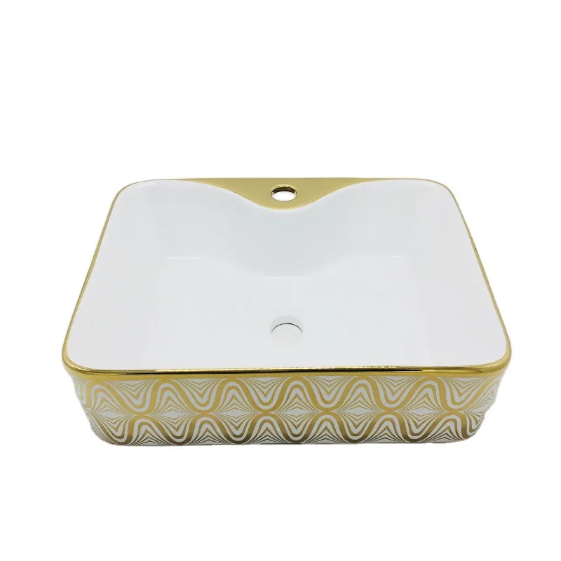 

bathroom accessorie gold-plated above counter basin single hole ceramic art basin square gold pattern washbasin faucet bathroom