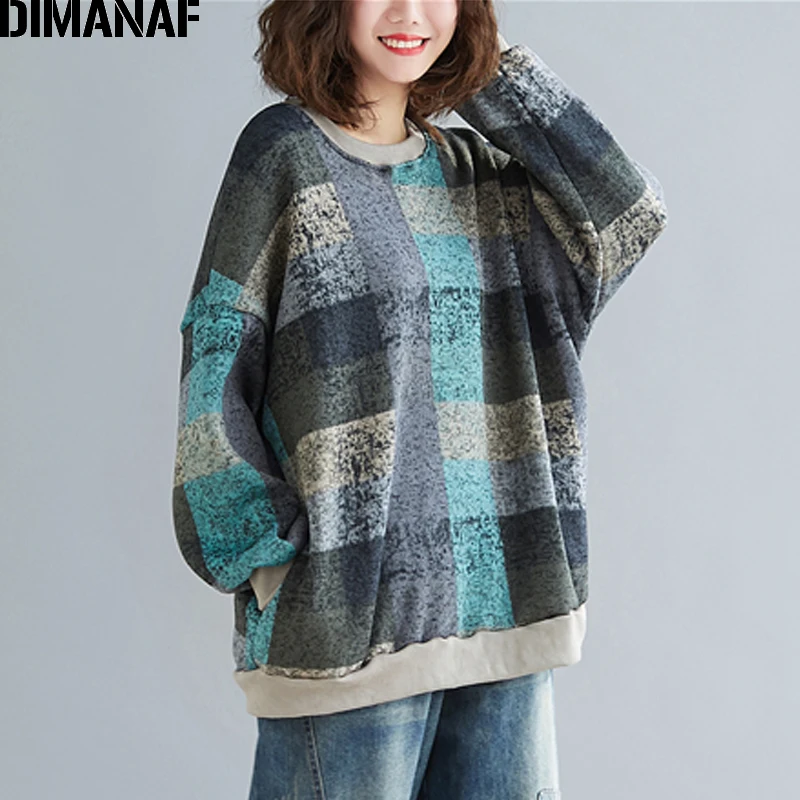 

Женский свитшот в стиле оверсайз DIMANAF, вязаный хлопковый пуловер с длинным рукавом, винтажная Толстая Свободная кофта оверсайз, Осень-зима