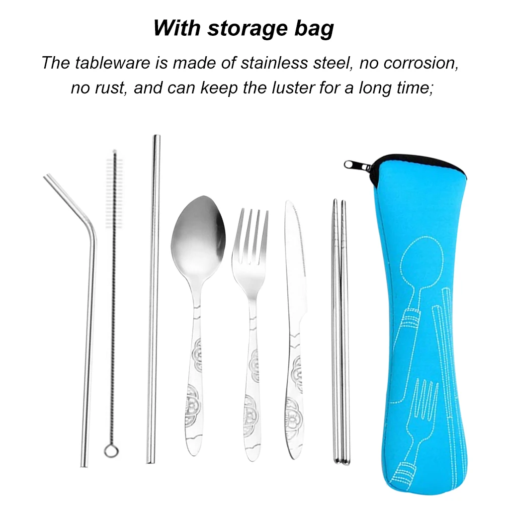 

8pcs Set Dinnerware Portable Printed Stainless Steel Spoon Fork Steak Knife Set Travel Cutlery Tableware with Bag