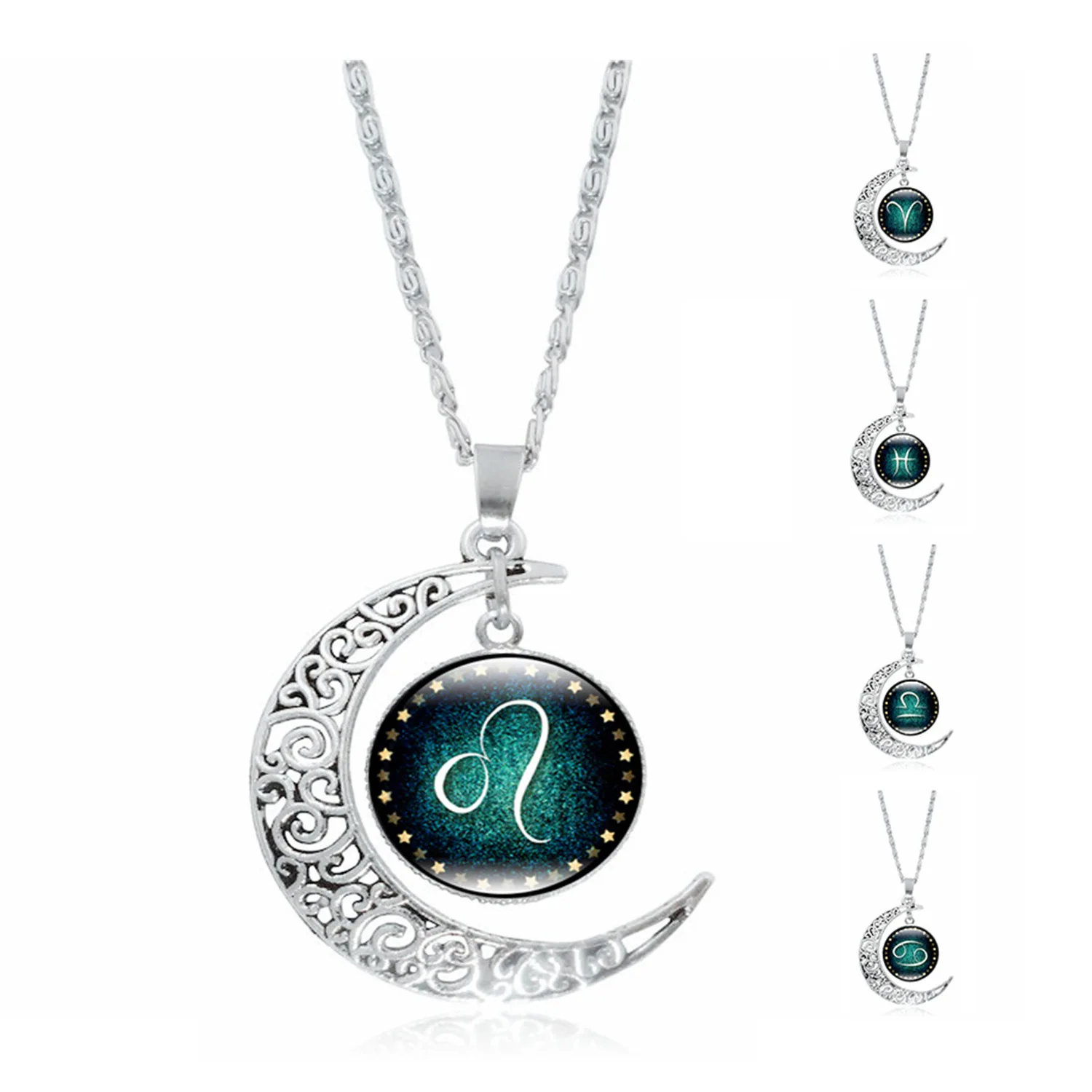 

The latest fashion hot 12 constellations time gem necklace silver moon pendant necklace.